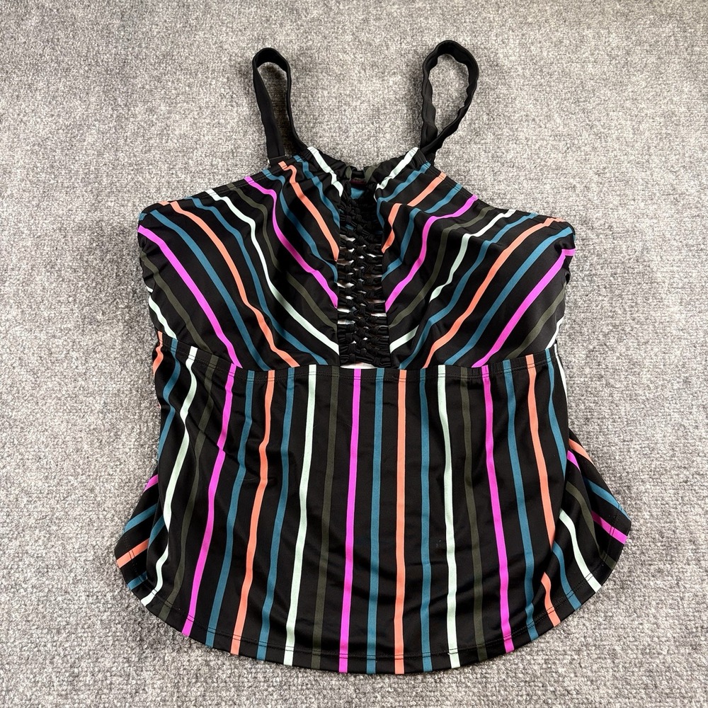 Terra & Sky Tankini Top Women's 3X Black Multi Stripe Knotted Cage Front Swim